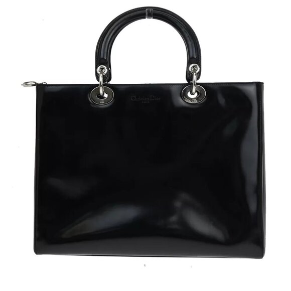 CHRISTIAN DIOR Lady Tote Hand Bag Patent Leather Black Silver Italy 12SH744 - Picture 3 of 16